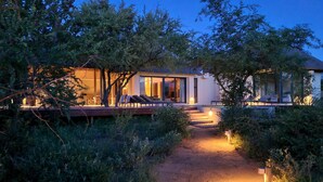 A modern house with a pathway leading to a deck with lounge chairs. - Villa Scarabee: Wonderful luxury villa in the middle of nature (Hoedspruit)