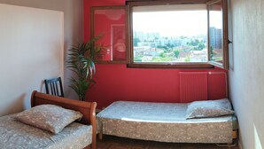 Een kamer met twee bedden, een groot raam, een radiator en een bloempot.