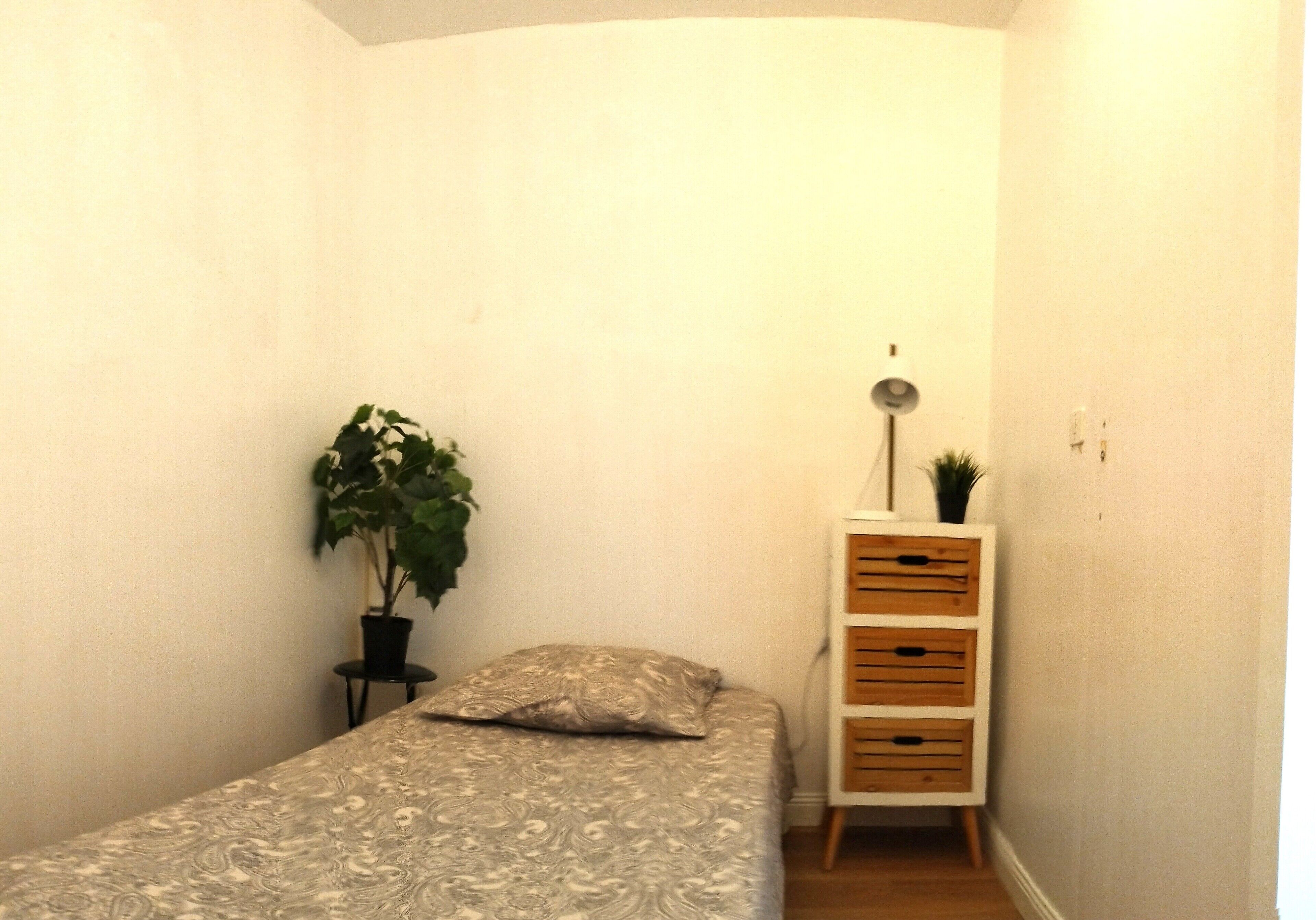 A small, neatly arranged bedroom with a bed, a potted plant, and a white dresser with drawers.