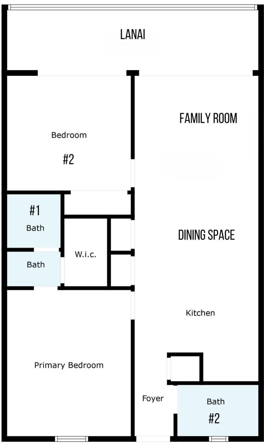 A floor plan with Lanai, Family Room, Dining Space, Kitchen, Primary Bedroom, Bedroom #2, and two Bath areas.