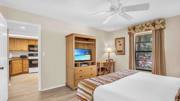 Habitación de hotel con cama, televisión, escritorio, silla, ventilador de techo y vistas al exterior.
