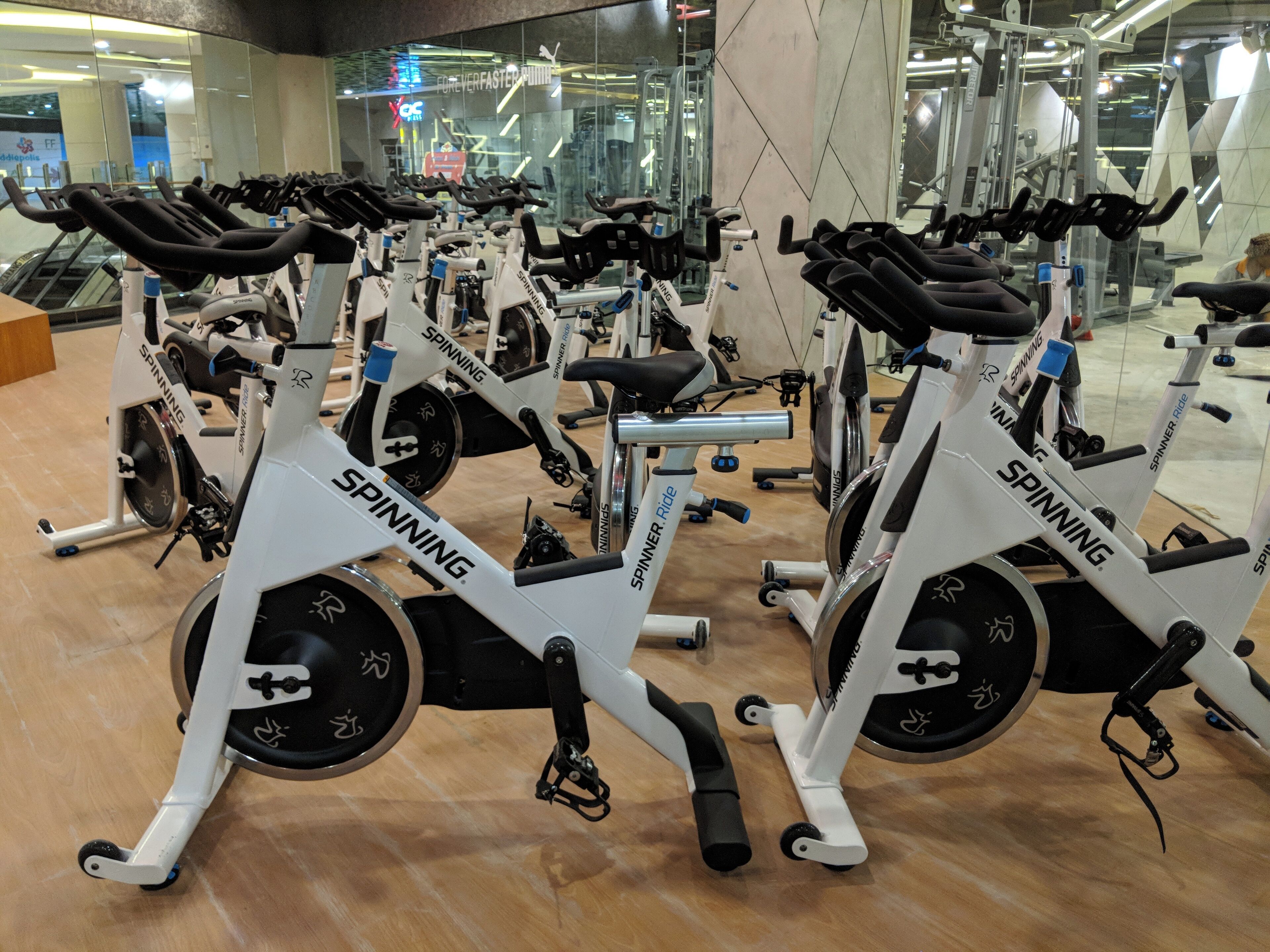 A gym with multiple spinning bikes arranged in rows.