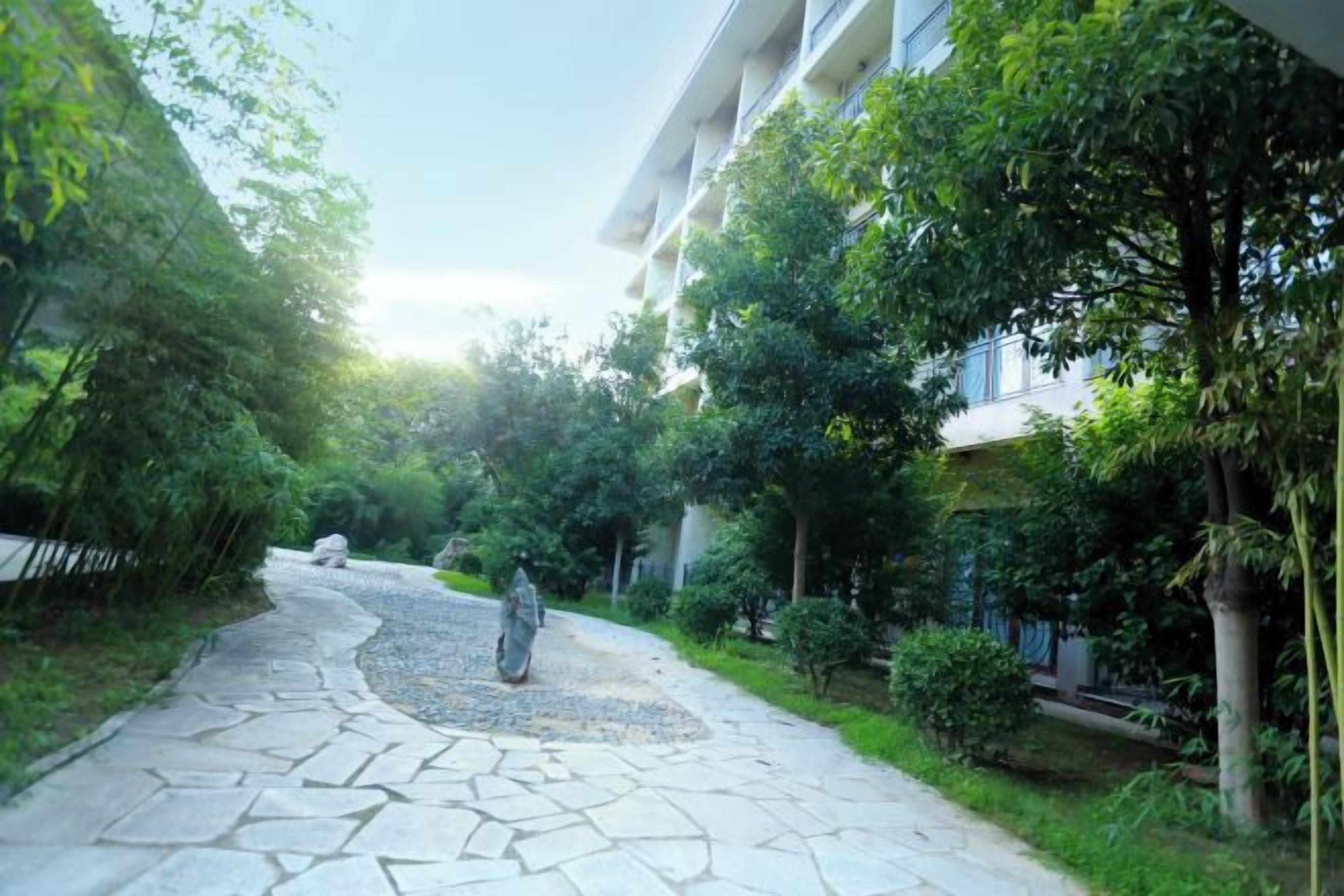 A stone pathway leading to a building surrounded by lush greenery.