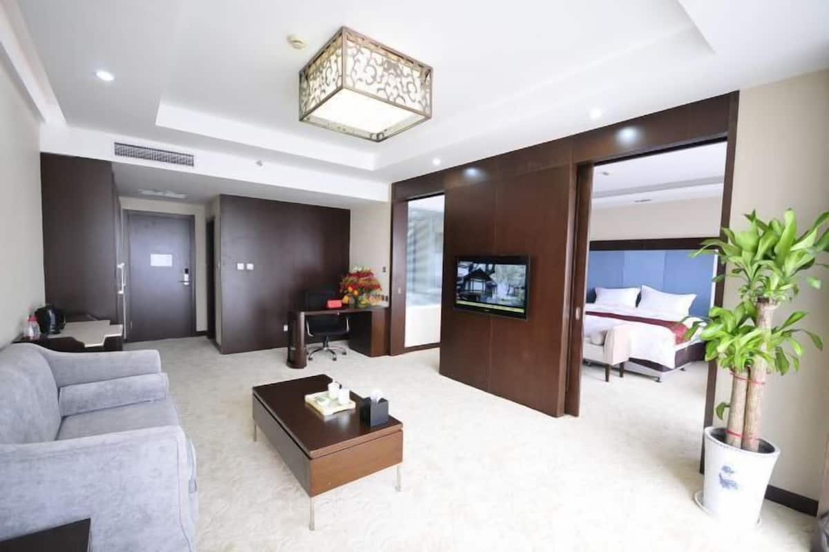 A hotel room with a sofa, a coffee table, a TV, a bed, and a potted plant.