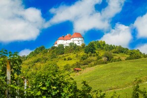 Un château perché sur une colline, sous un ciel dégagé.