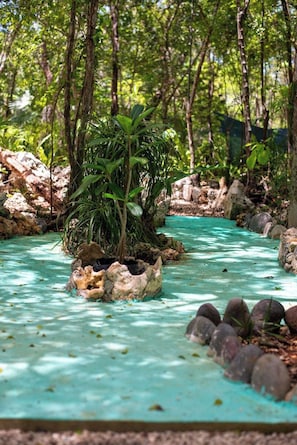 A natural water feature with rocks and plants, surrounded by trees. - Chemuyil Jungle Villa - 2BR and Plunge Pool (Ciudad Chemuyil)