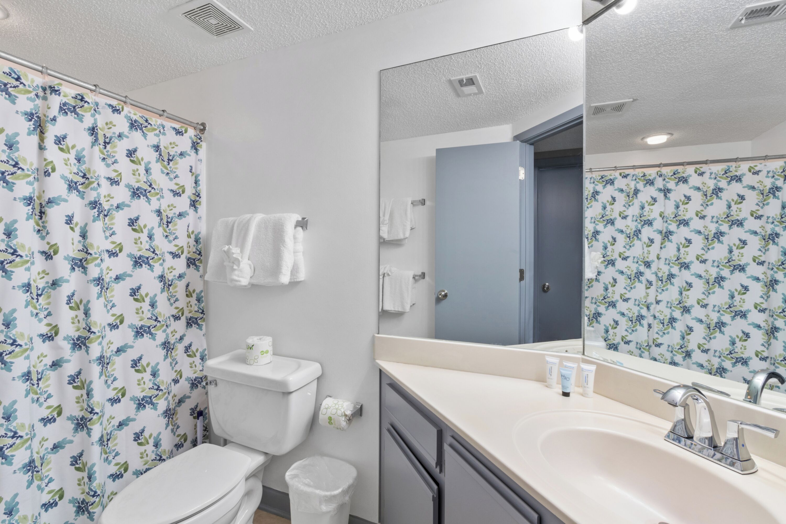 A bathroom with a toilet, sink, and shower curtain.