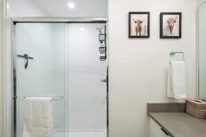 Douche, sèche-cheveux, serviettes fournies, shampoing