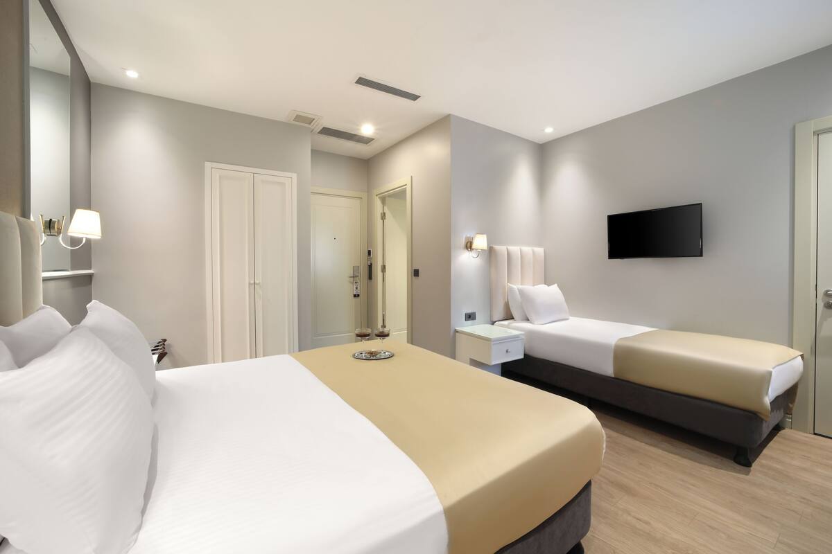 Une chambre d’hôtel avec deux lits, une télévision, un miroir et une table de chevet.