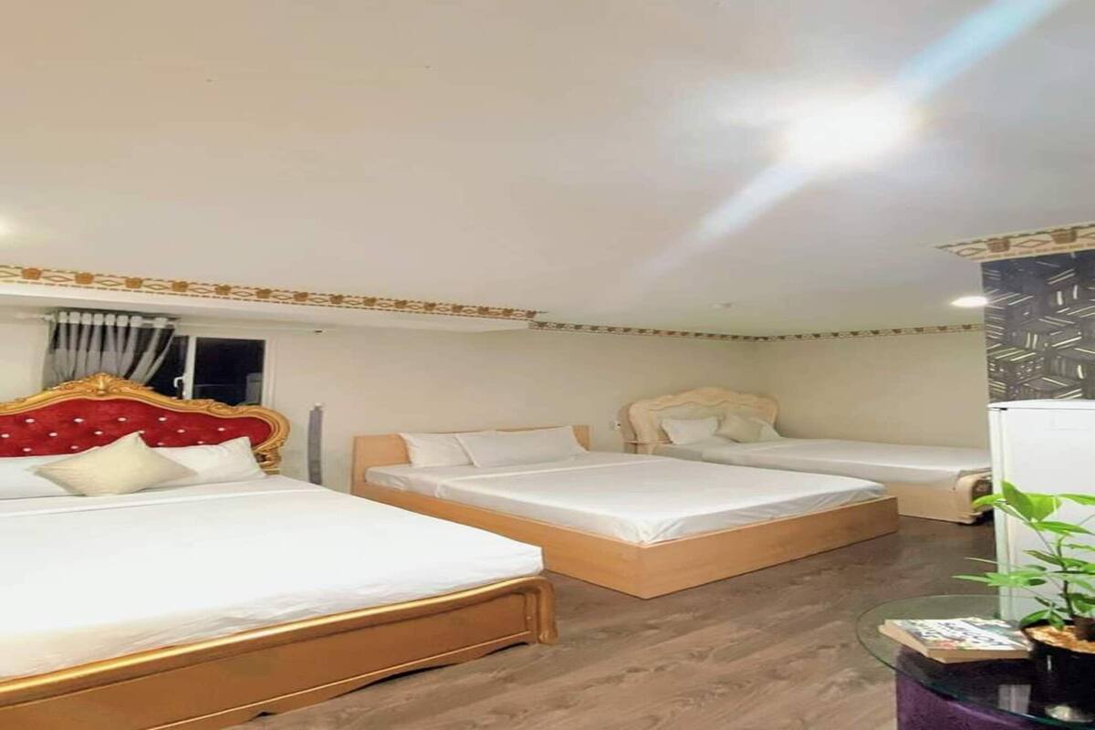 Habitación de hotel con tres camas individuales, piso de madera, cabecera tapizada de rojo y una pequeña mesa con una planta.