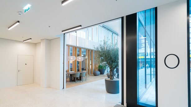 Un interior moderno con una zona de recepción, un área de estar con mesas y sillas, y una planta grande en maceta.