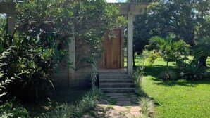 Un sendero de piedra que conduce a una puerta de madera en un jardín.