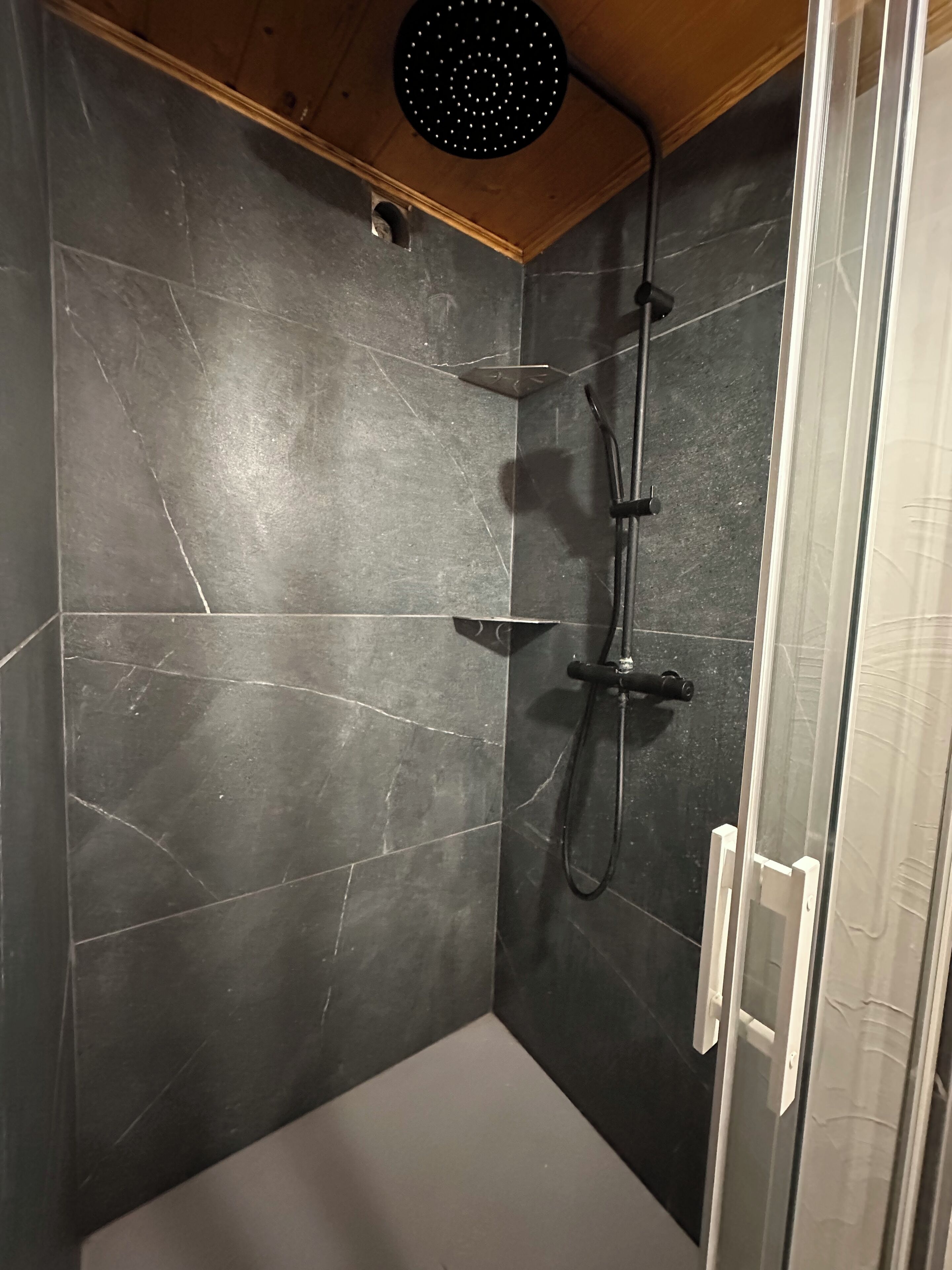 Shower, jetted bath, hair dryer, soap