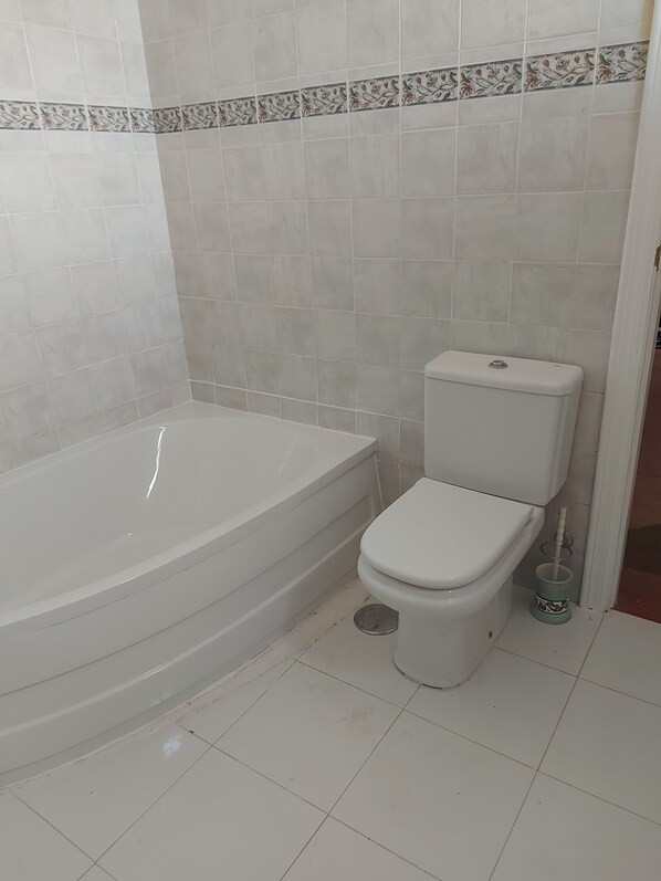 Une salle de bain avec une baignoire, des toilettes et une douche.