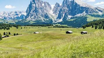 A mountainous landscape with a clear sky, green fields, and scattered buildings.