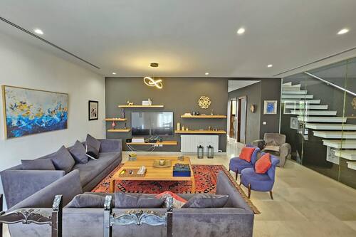 Luxury Villa, 3 Bedrooms | Living area | 65-inch flat-screen TV with satellite channels, computer monitors