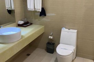 A bathroom with a sink, toilet, and trash bin.