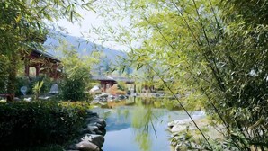 Un giardino tradizionale giapponese con uno stagno, rocce e bambù.