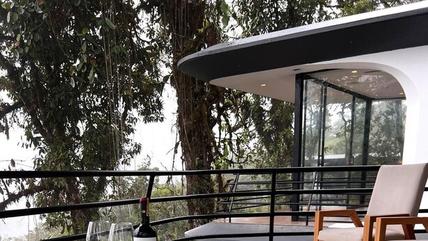 Een hottub met een fles wijn en glazen op een houten terras, met uitzicht op bomen.