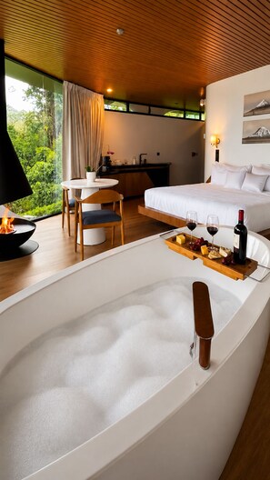 Una moderna camera d'albergo con una grande vasca da bagno, un'area pranzo e un letto.
