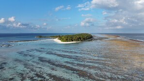 Una isla tropical con aguas cristalinas, una playa de arena y vegetación exuberante.
