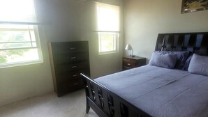 A bedroom with a bed, dresser, nightstand, and two windows. - Sage Mountain Skyway 3 (Road Town)
