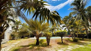 A courtyard with palm trees, a stone pathway, and a pool in the background. - Charming beach apartment - 5 minutes from Pereybere beach (pereybere)