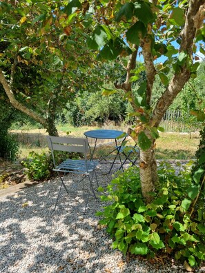 Sit and unwind in a serene garden setting with a metal table and bench surrounded by lush greenery.