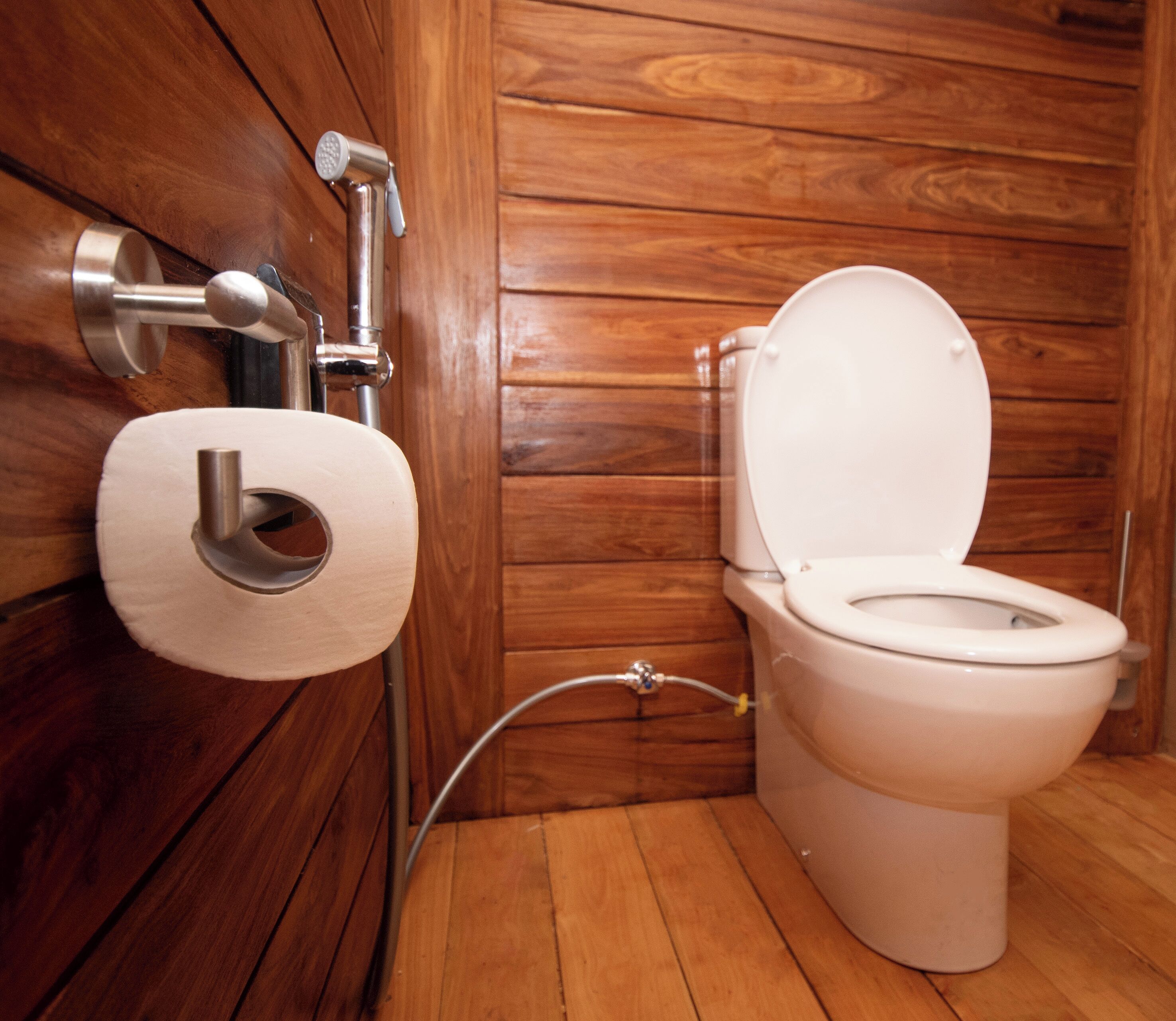 A wooden-paneled bathroom with a toilet, a toilet paper holder, and a visible plumbing pipe.