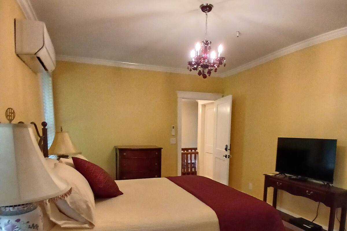 Un dormitorio con cama, mesitas de noche, televisor y candelabro.