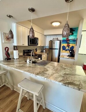 Fridge, microwave, oven, stovetop - Oceanfront 2BR & 2BA
Sands Beach Club #114
End Unit —Amazing View 
9400 Shore Dr (Myrtle Beach)