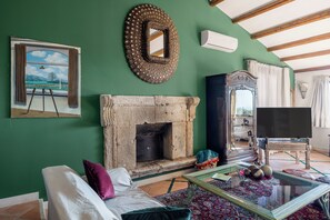 Smart TV, fireplace, books