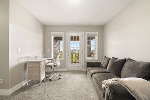 Smart TV, fireplace, books