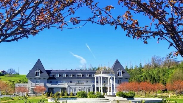 A large, symmetrical building with a central dome and two symmetrical towers, surrounded by well-maintained gardens and a clear blue sky. - Florence Room at Chateau Herbe (Ashland)