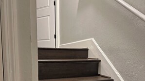 A staircase with dark wooden steps and white handrails.