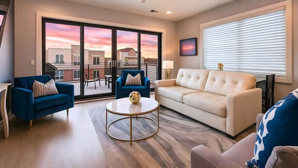A modern living room with a large sliding glass door leading to a balcony, a beige sofa, a blue armchair, and a round coffee table. - West End Luxe | Rooftop Deck + Skyline (Nashville)