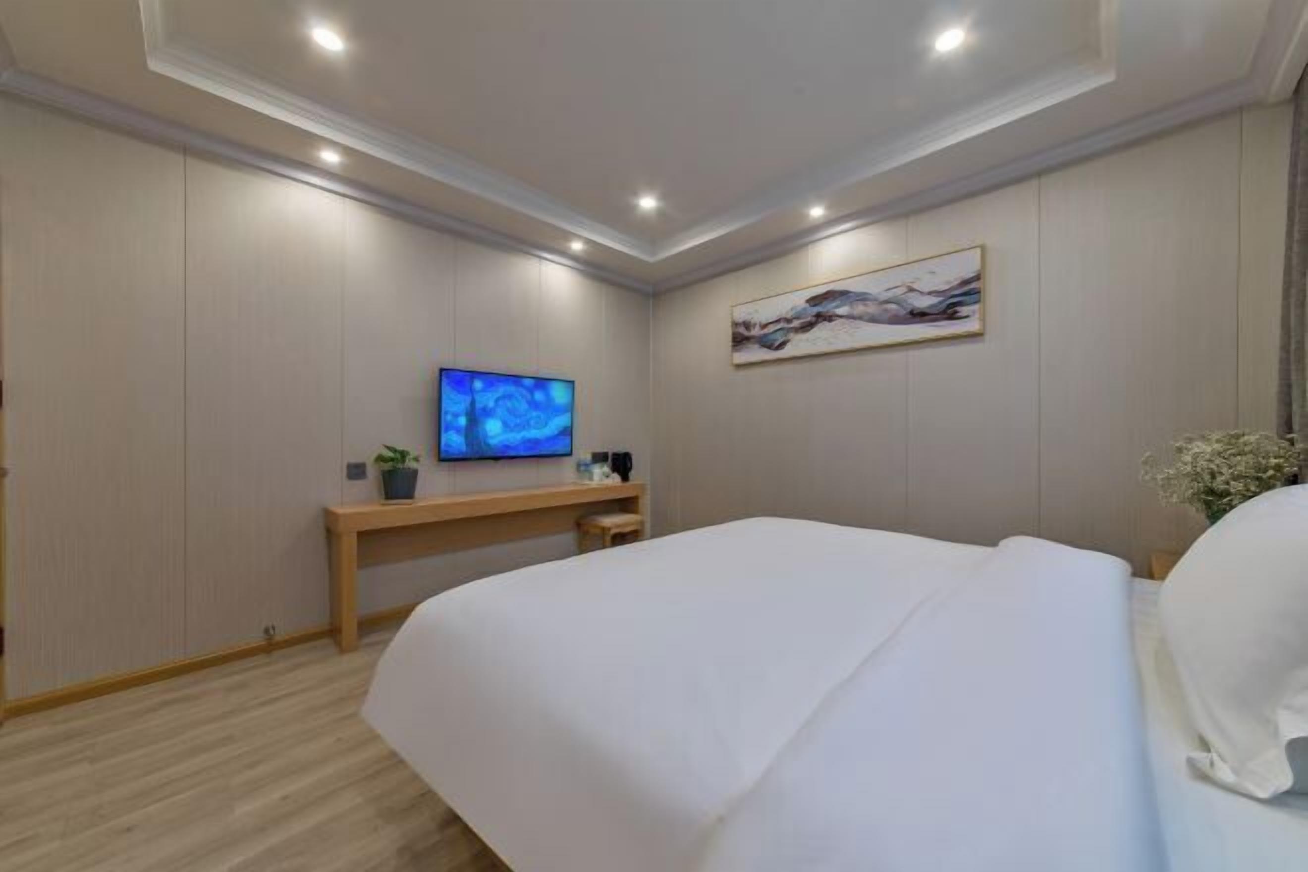 Una habitación de hotel moderna con una cama grande, un televisor de pantalla plana montado en la pared, una mesita con una planta y un cuadro en la pared.