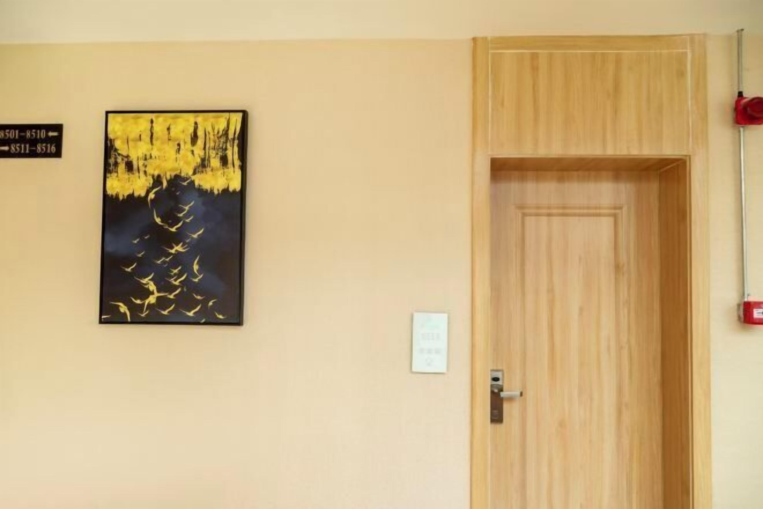 A room with a wooden door, a wall-mounted light switch, and a framed artwork depicting yellow birds against a dark background.