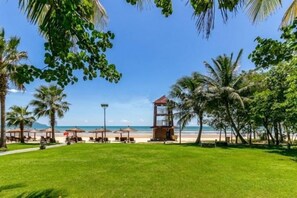 Une vue sur la plage, avec une zone herbeuse, des palmiers et une plage en arrière-plan.