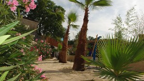 Un jardin agrémenté de palmiers, de plantes à fleurs et d’une clôture en bois.