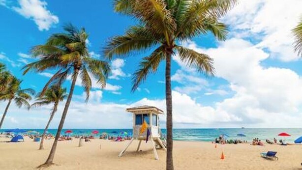 A beach with palm trees, a lifeguard tower, and beach umbrellas. - Stylish Vacation home Coral Ridge (Oakland Park)