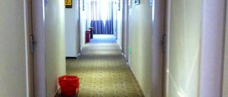 A hotel hallway with doors on both sides, a carpeted floor, and a trash bin in the center.