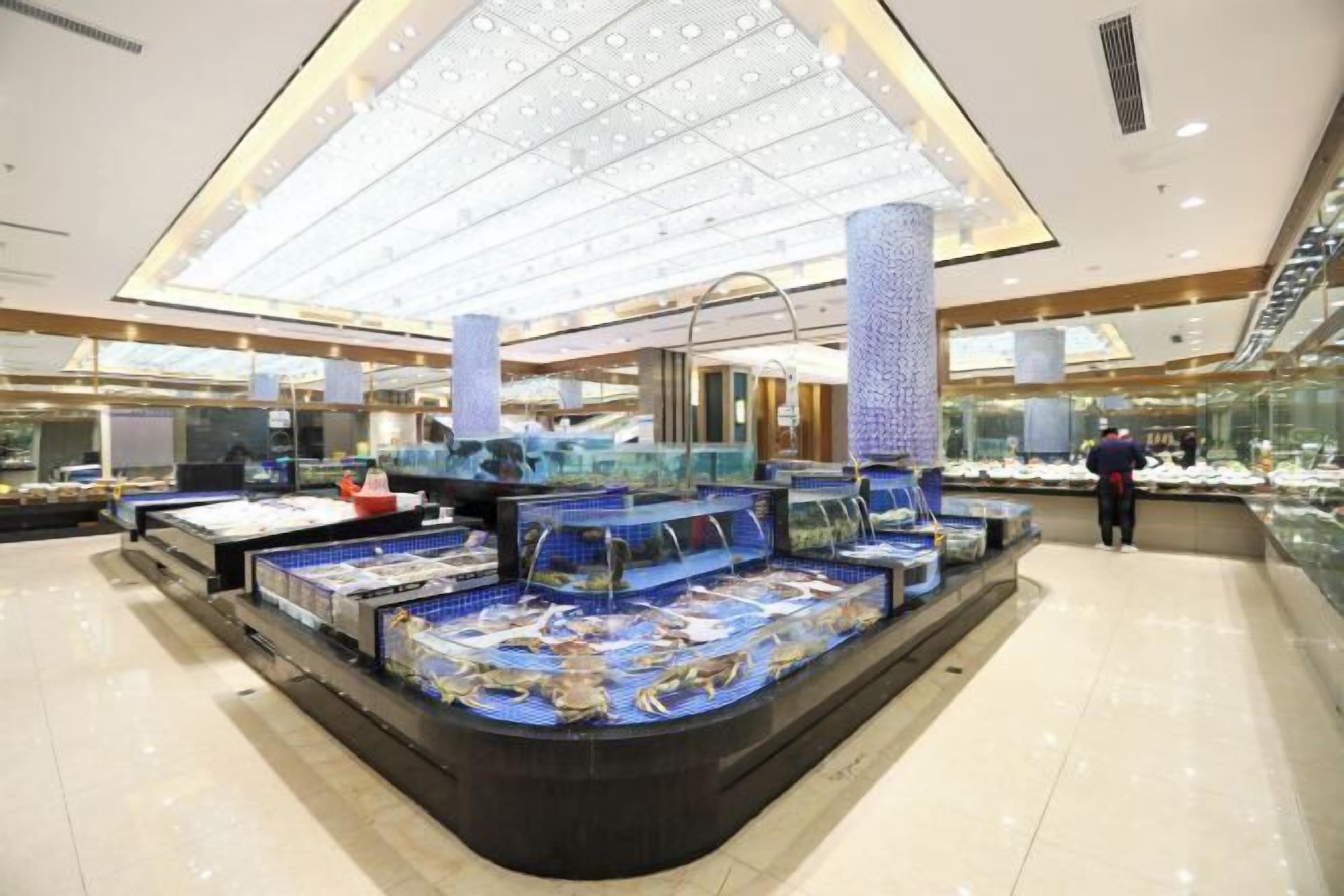 A seafood display with various types of seafood arranged in glass cases.