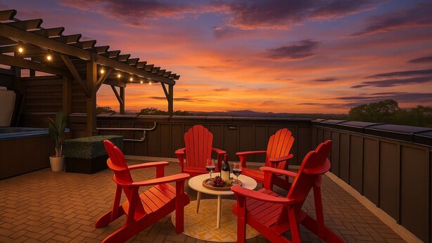 Een terras met rode Adirondack-stoelen, een kleine ronde tafel en een pergola met lichtslingers.