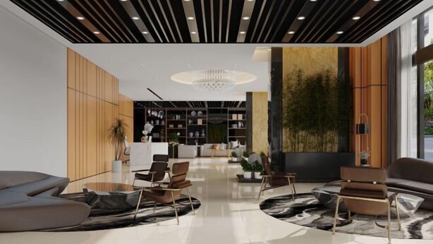 A modern lobby with a central seating area, a chandelier, and a bookshelf. - Yi Qiao Hotel (Chengdu)