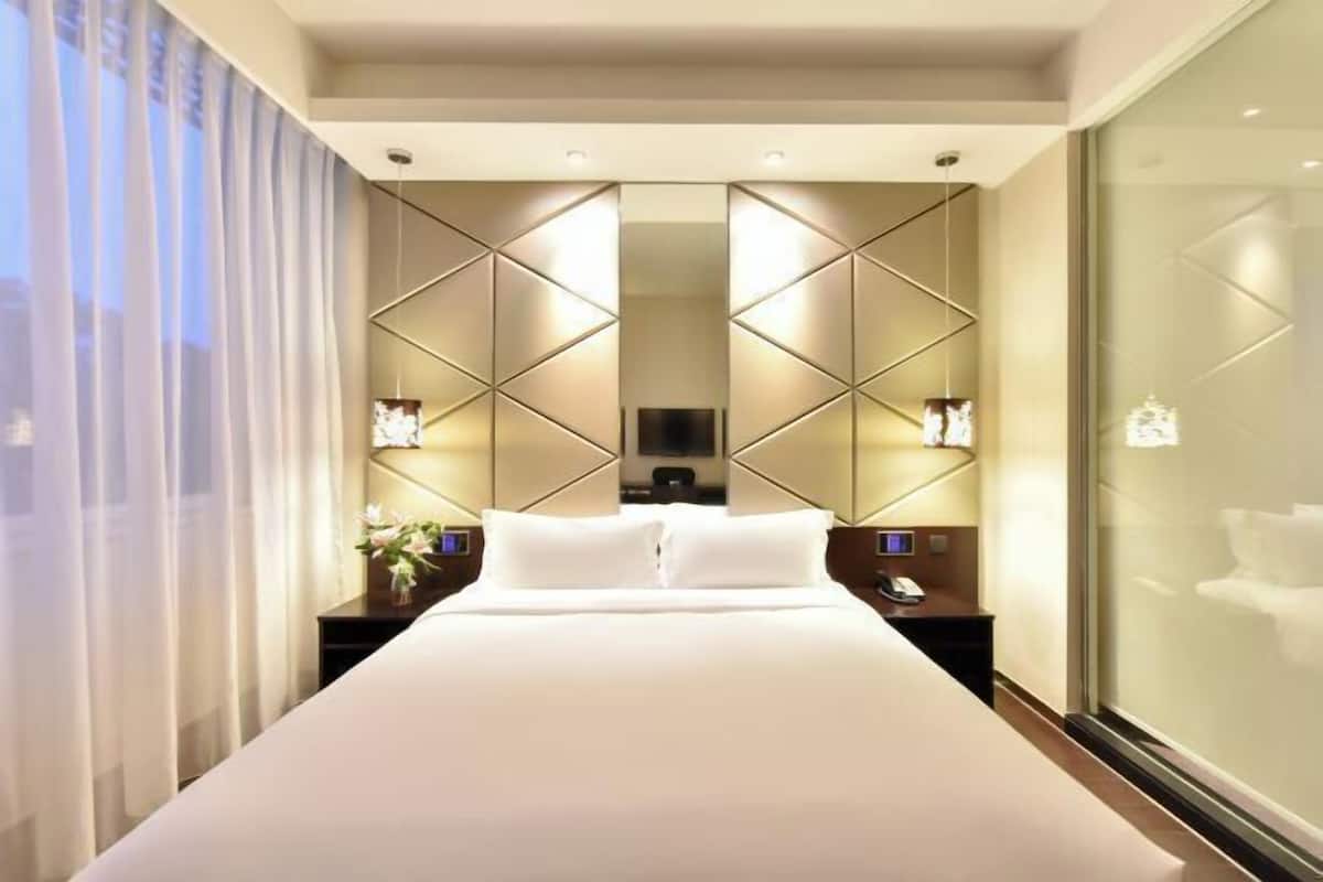 A modern hotel room with a large bed, a flat-screen TV, and a nightstand with a lamp.