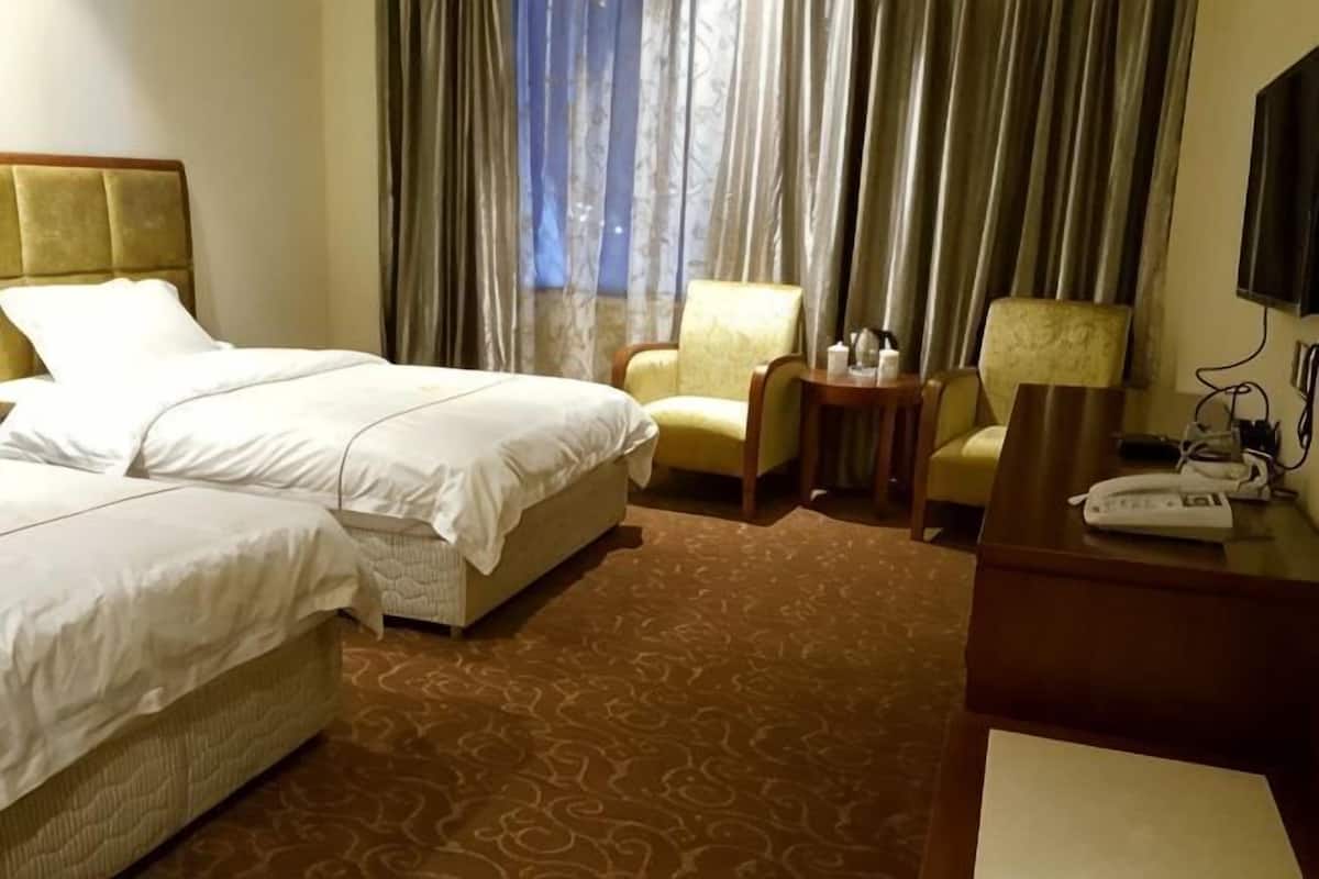 A hotel room with two beds, a desk with a telephone, a chair, and a television.