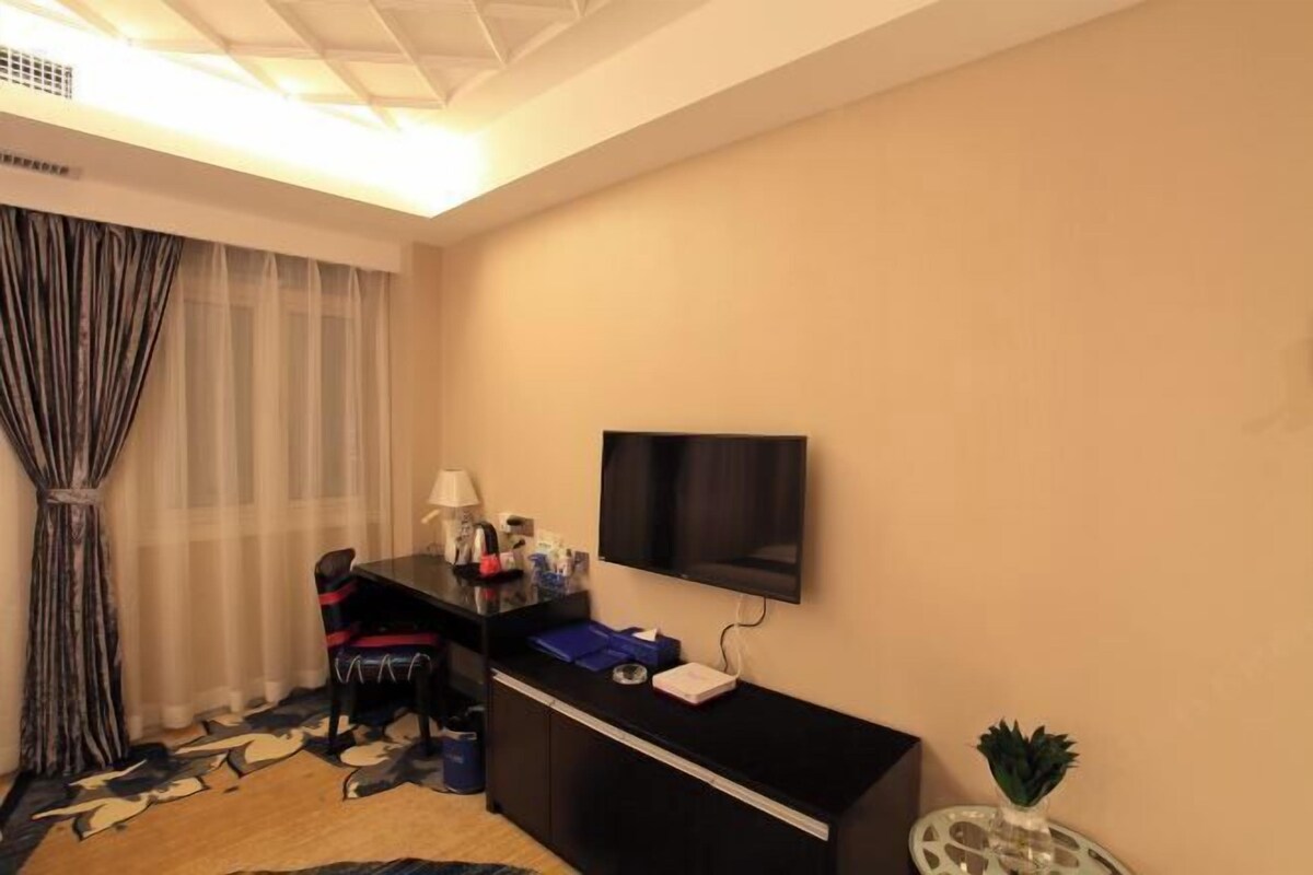 A hotel room with a desk, chair, TV, and a small plant.