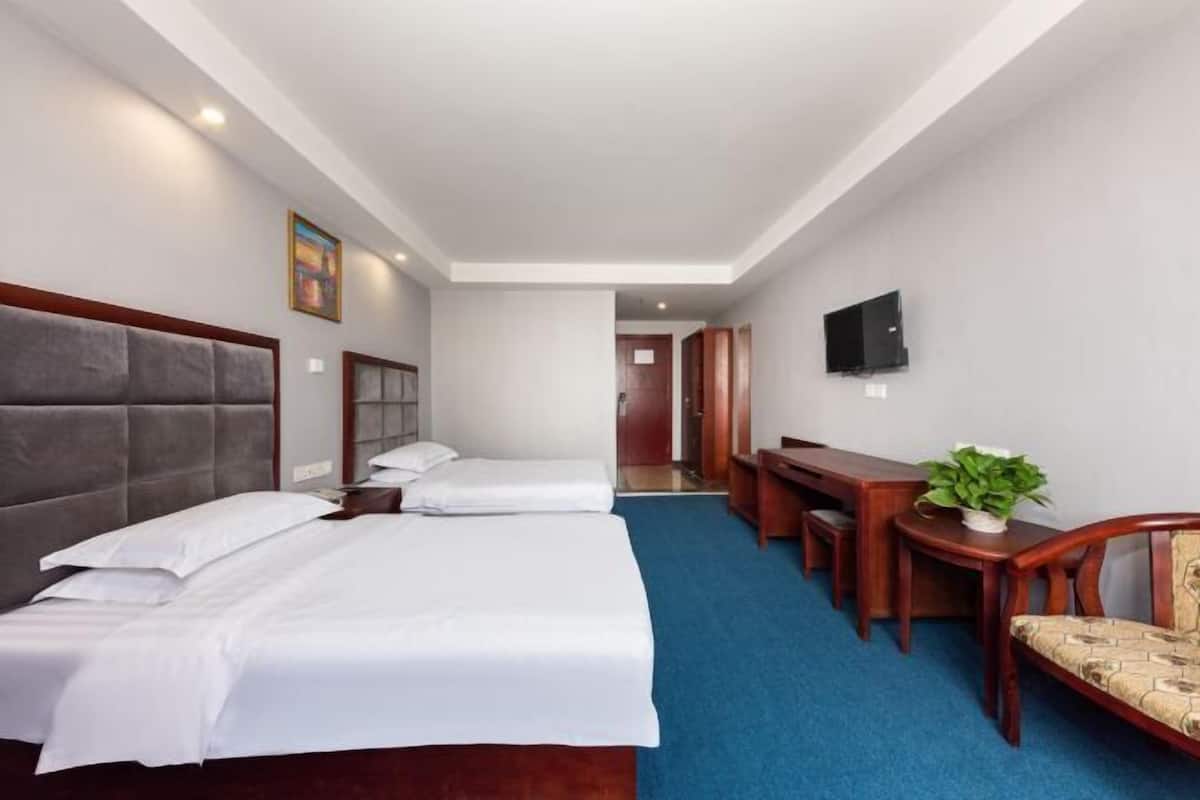 Una habitación de hotel con dos camas, un escritorio, una silla, un televisor y una planta.