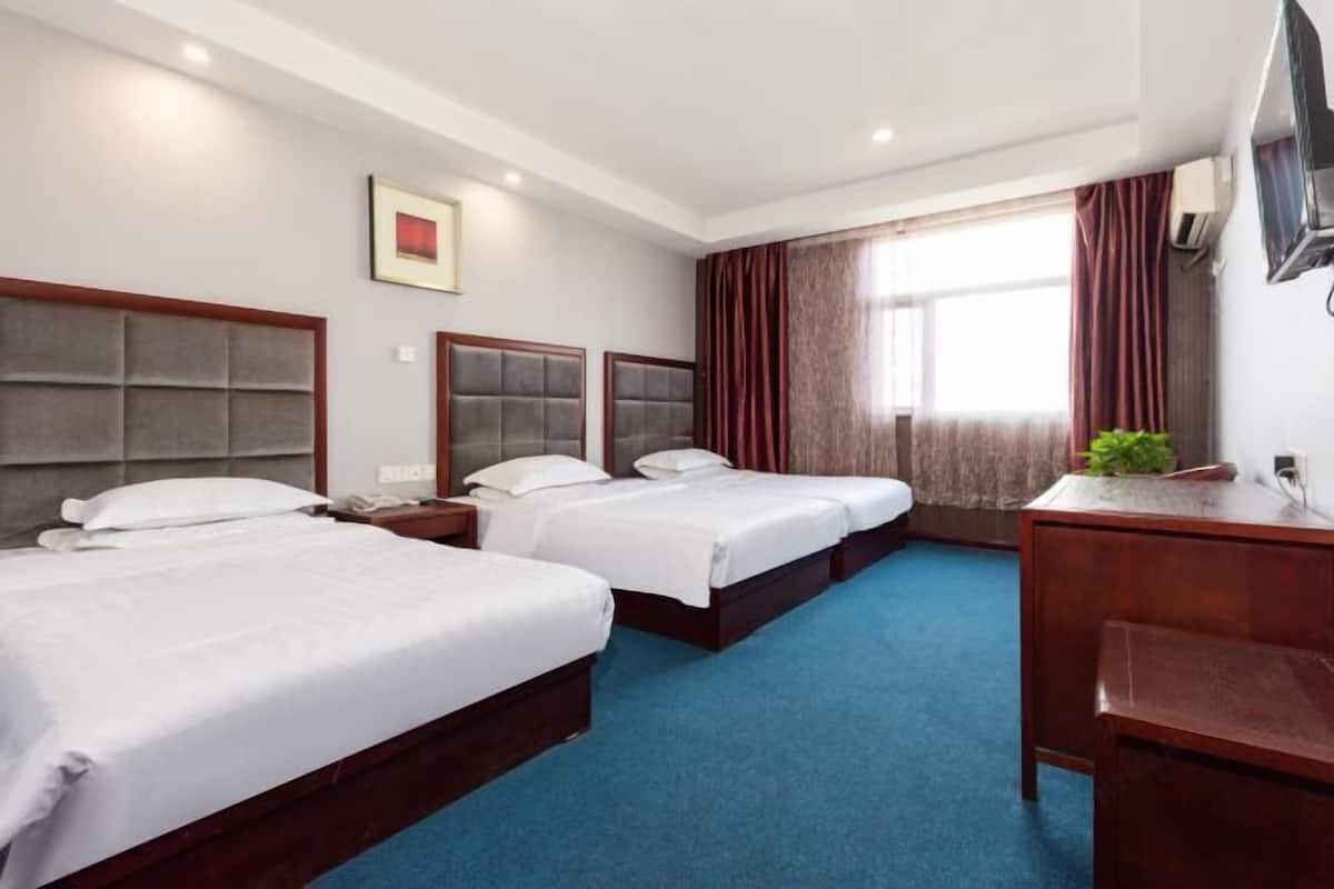 Habitación de hotel con dos camas, un escritorio, un televisor y una ventana con cortinas.